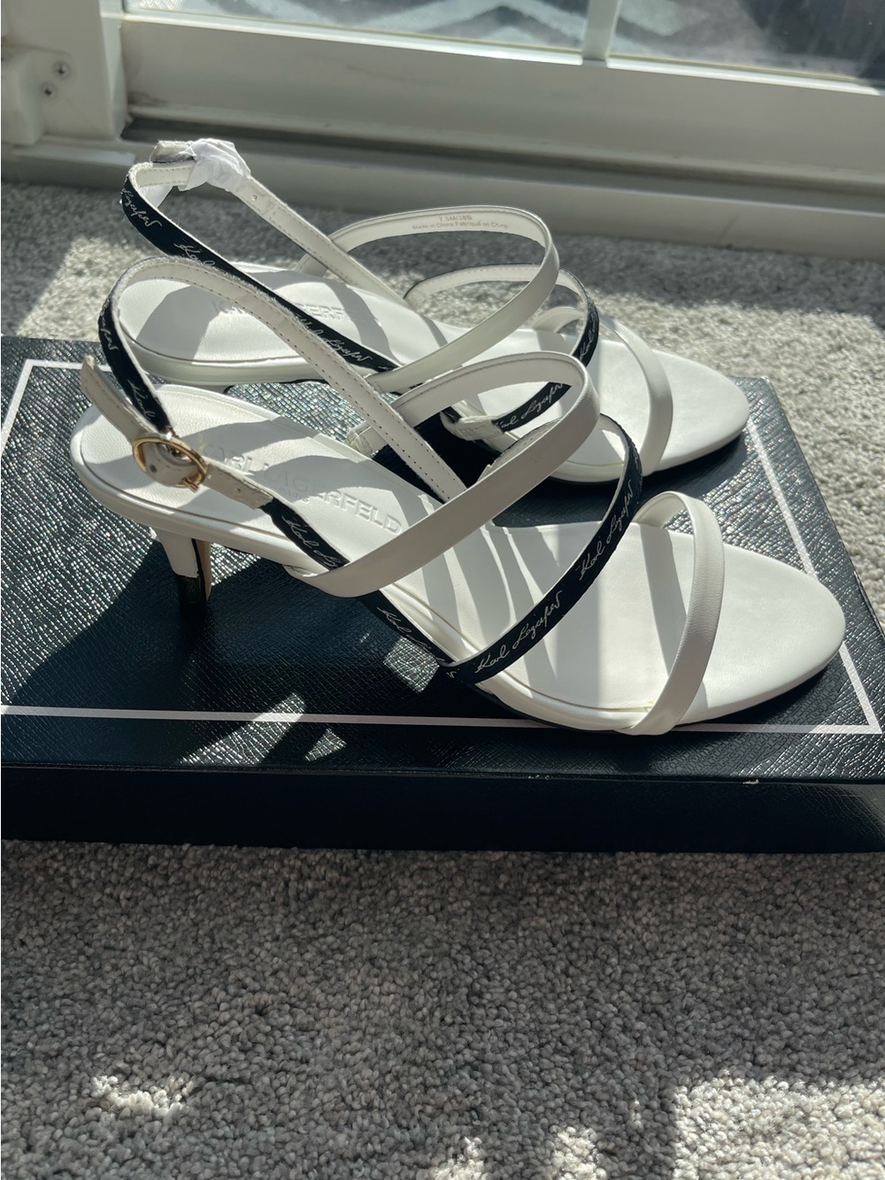 Karl Lagerfeld White Sandal Heels with Black Strap Accent